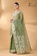 Moss green with zari border muslin silk handwoven needle work jamdani saree