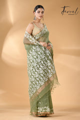 Moss green with zari border muslin silk handwoven needle work jamdani saree