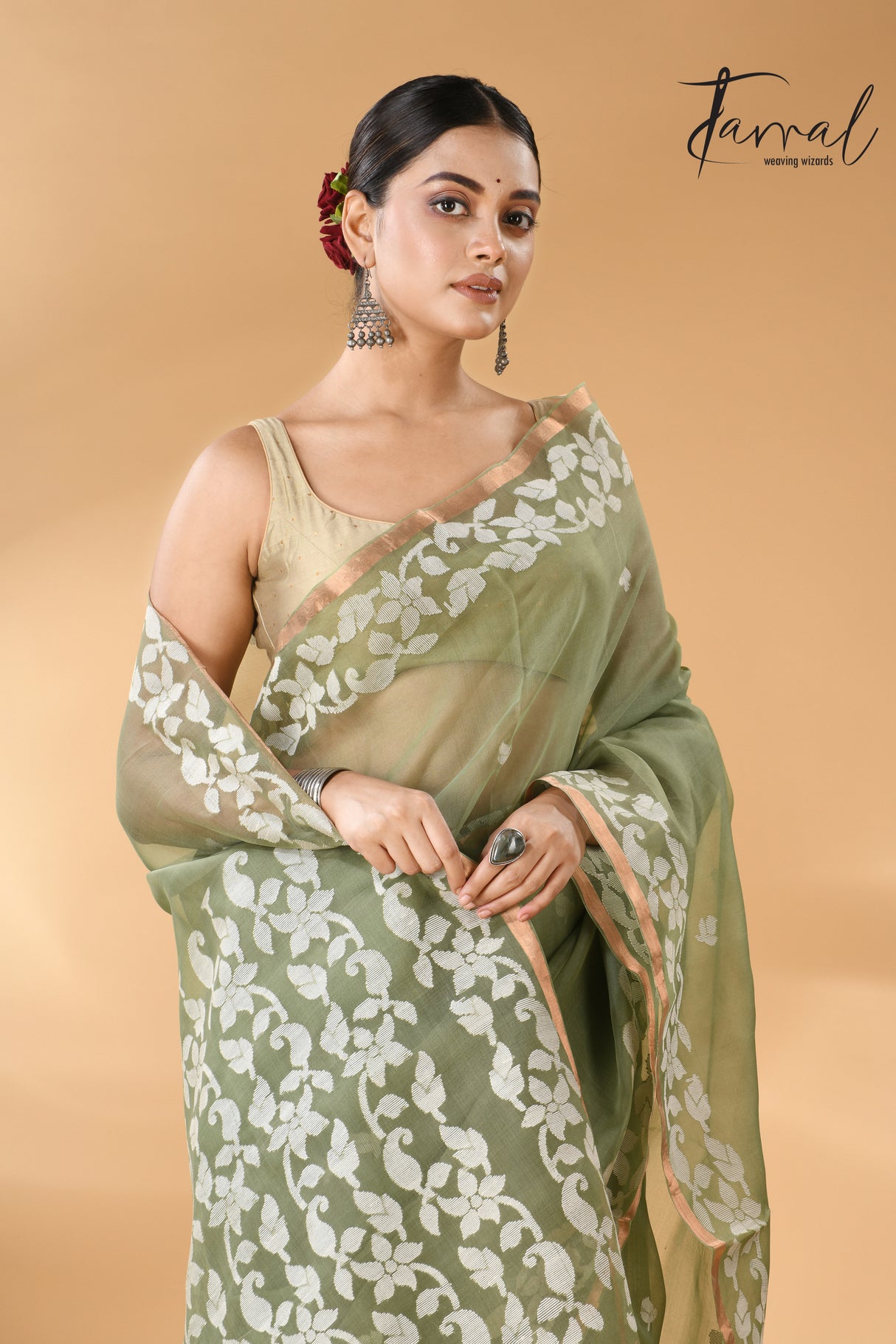 Moss green with zari border muslin silk handwoven needle work jamdani saree