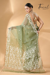 Moss green with zari border muslin silk handwoven needle work jamdani saree