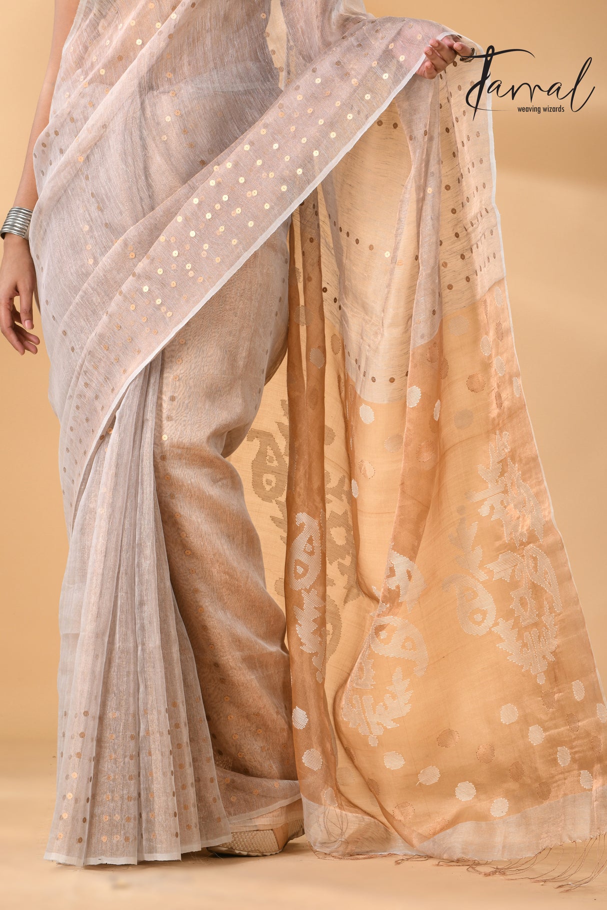 Powder grey with brown pallu tissue silk linen handwoven needle work jamdani saree