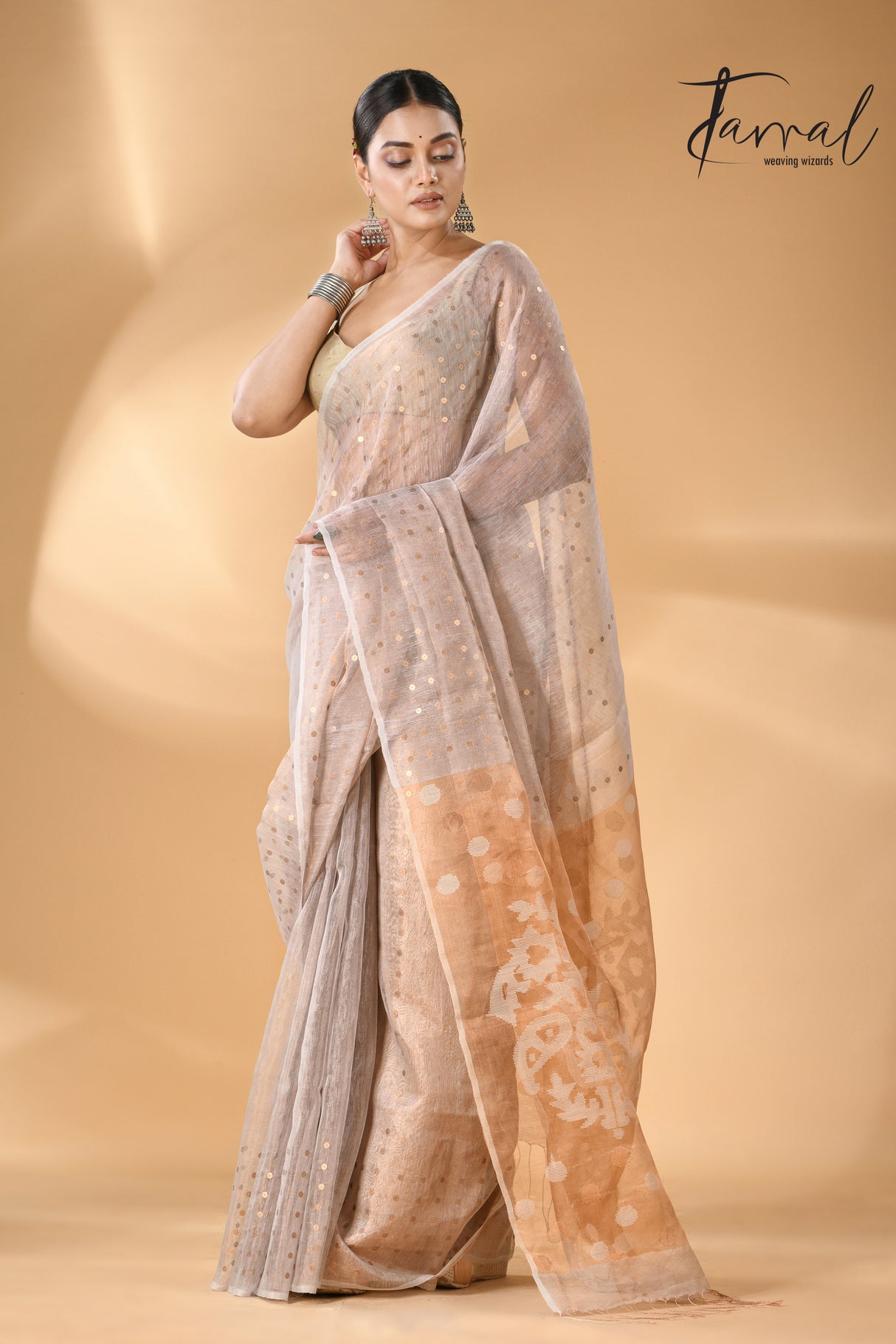 Powder grey with brown pallu tissue silk linen handwoven needle work jamdani saree