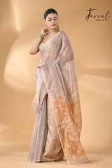 Powder grey with brown pallu tissue silk linen handwoven needle work jamdani saree