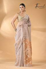 Powder grey with brown pallu tissue silk linen handwoven needle work jamdani saree