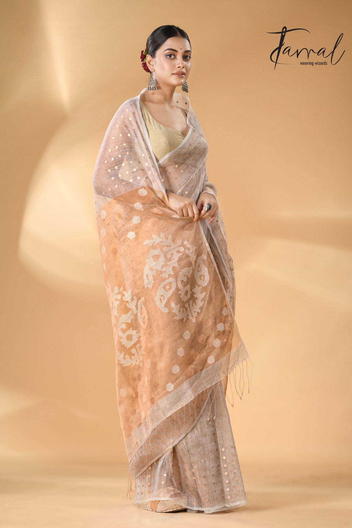 Powder grey with brown pallu tissue silk linen handwoven needle work jamdani saree