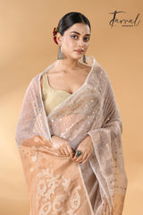 Powder grey with brown pallu tissue silk linen handwoven needle work jamdani saree