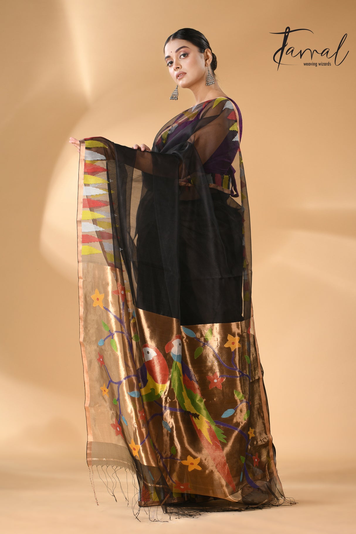 Black Parrot Paithani temple border pure muslin silk handwoven jamdani saree