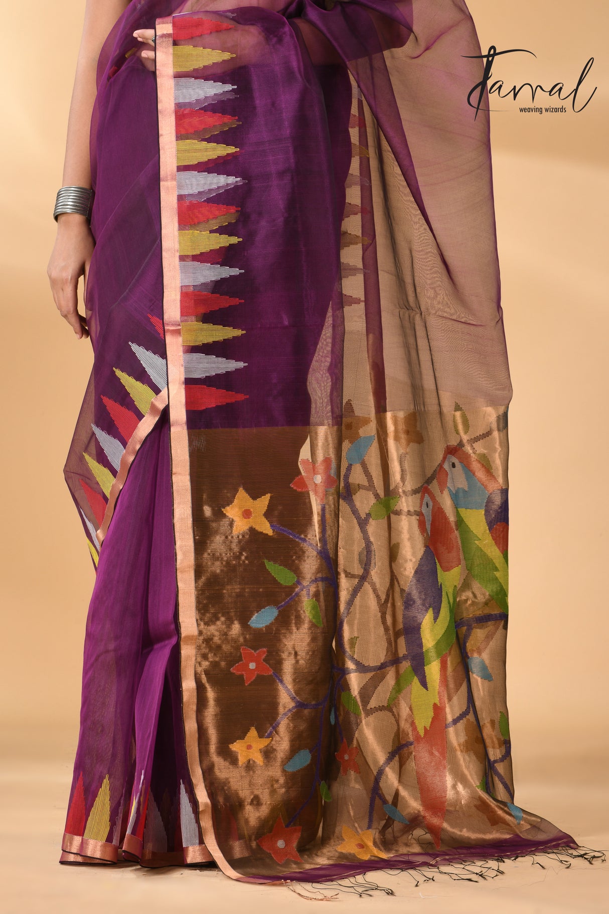 Purple Parrot paithani temple border pure muslin silk handwoven jamdani saree