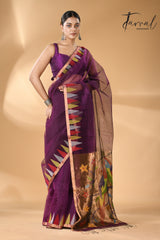 Purple Parrot paithani temple border pure muslin silk handwoven jamdani saree