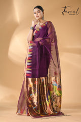 Purple Parrot paithani temple border pure muslin silk handwoven jamdani saree