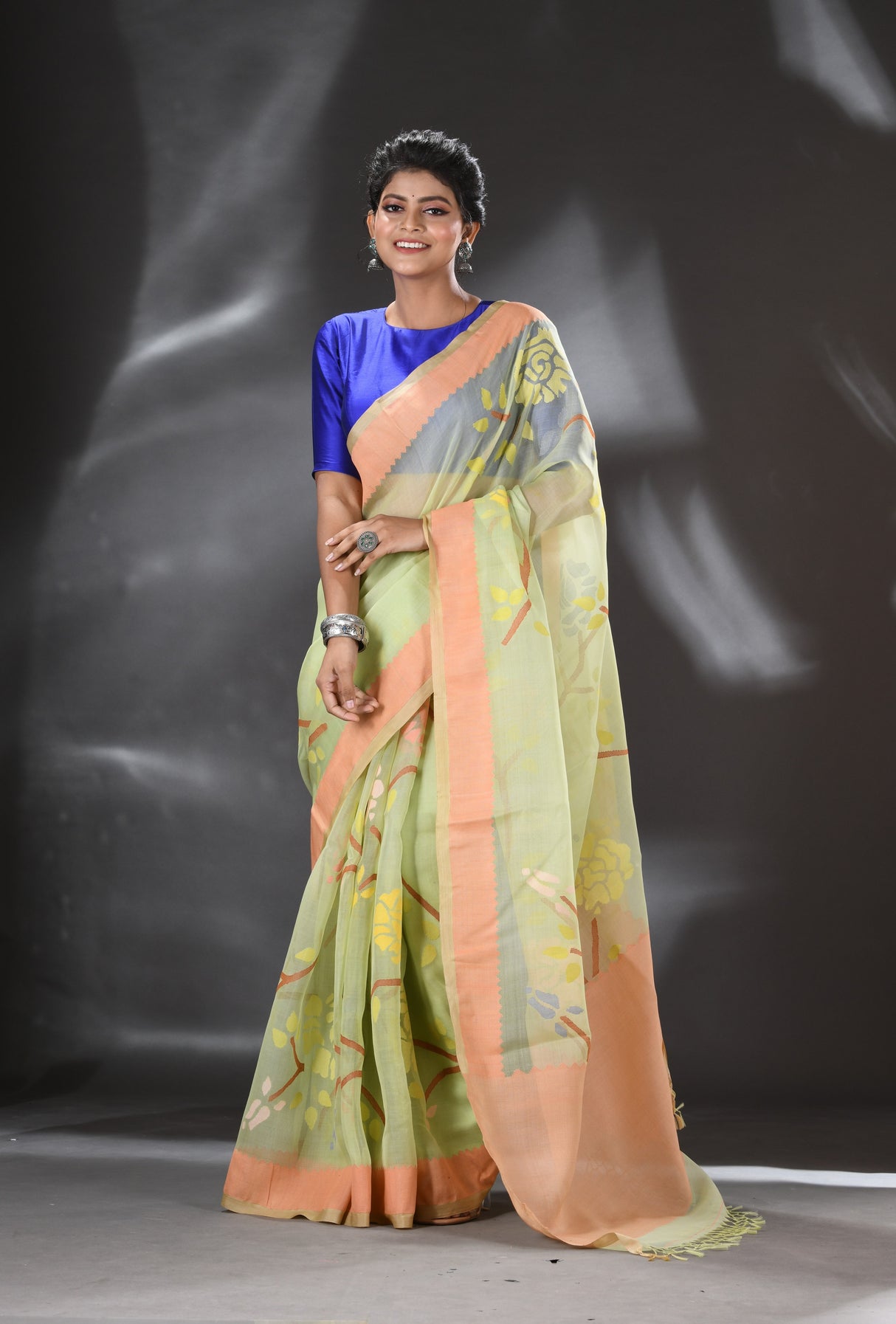 Apple green with multi color allover rose motifs handwoven muslin silk jamdani saree