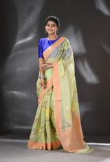 Apple green with multi color allover rose motifs handwoven muslin silk jamdani saree - Tamal Boutique