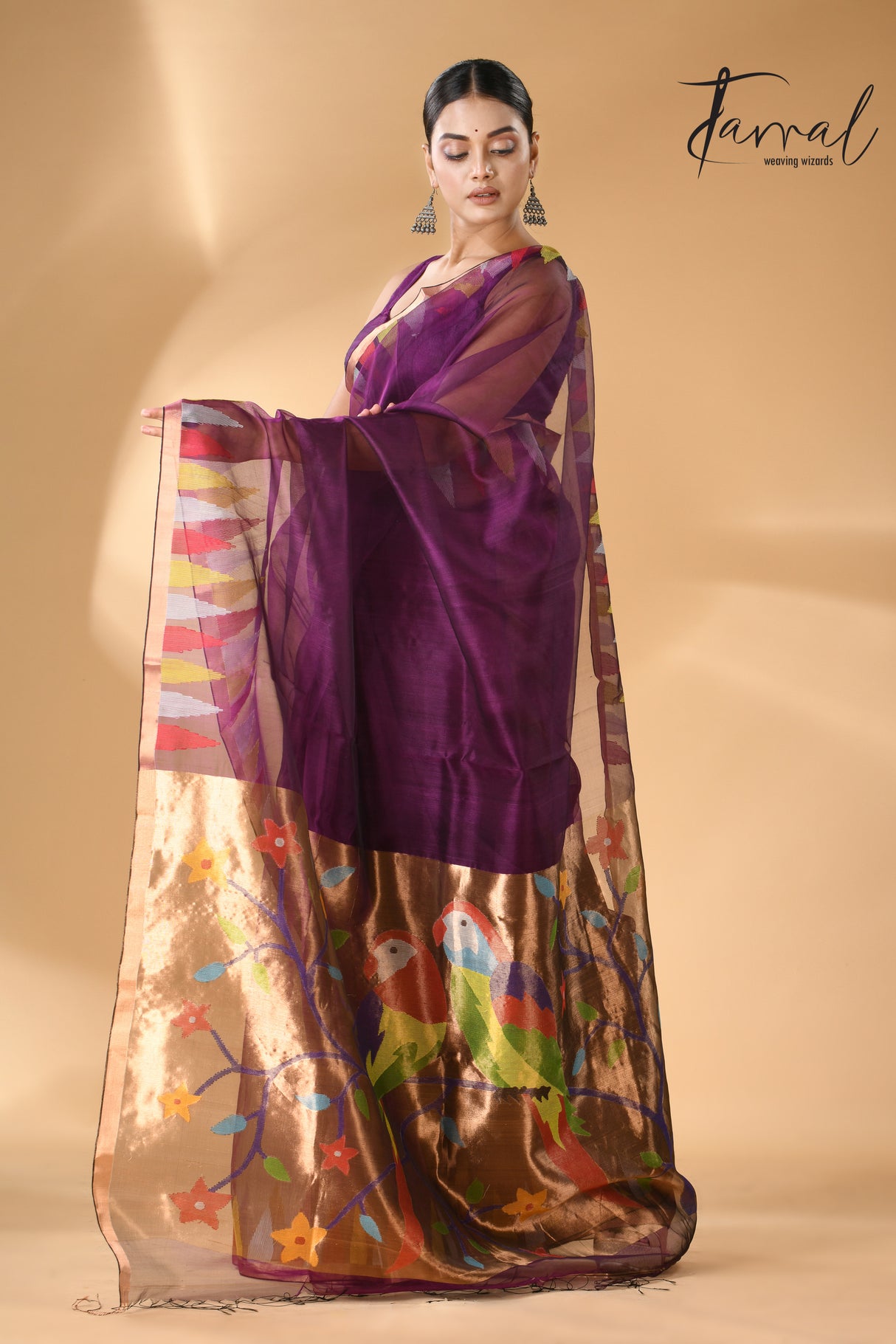 Purple Parrot paithani temple border pure muslin silk handwoven jamdani saree