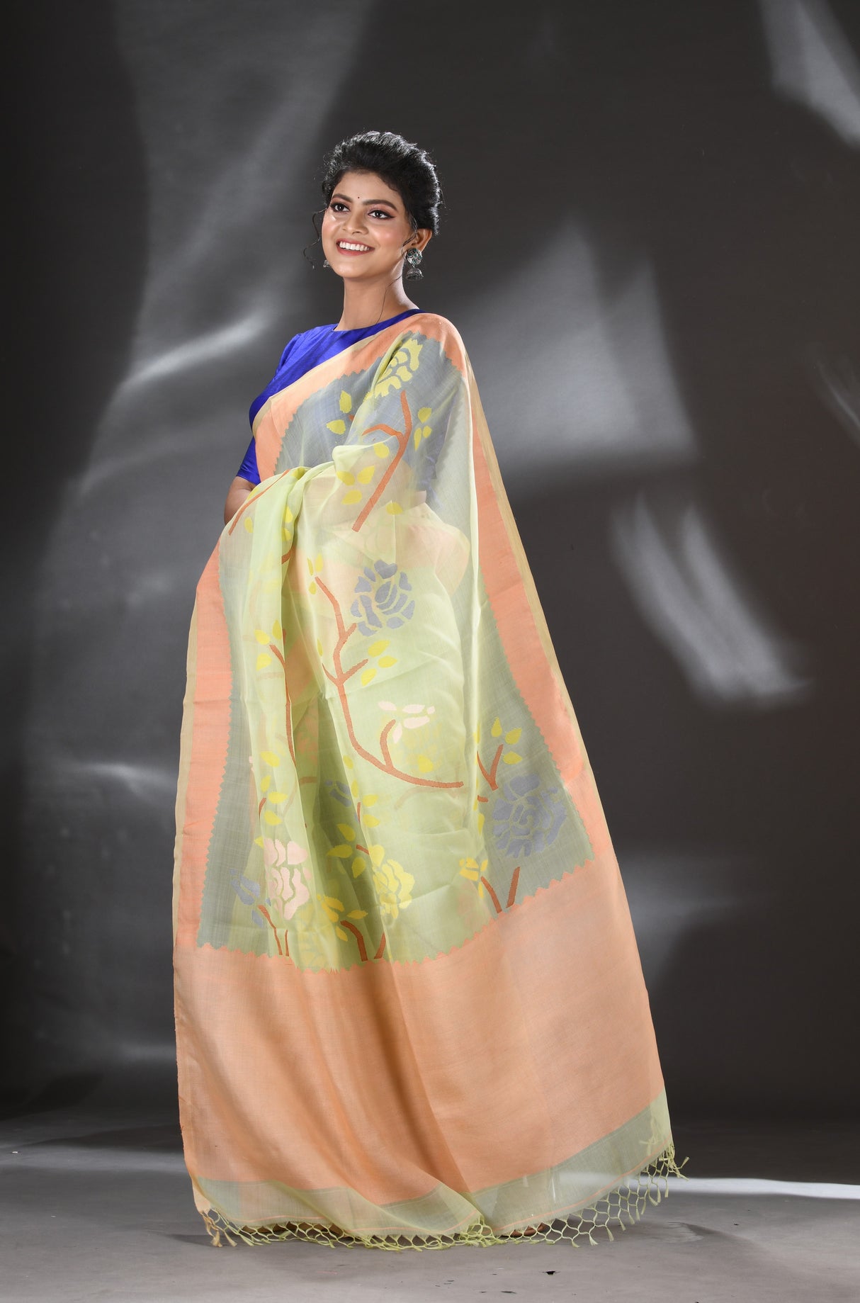 Apple green with multi color allover rose motifs handwoven muslin silk jamdani saree - Tamal Boutique