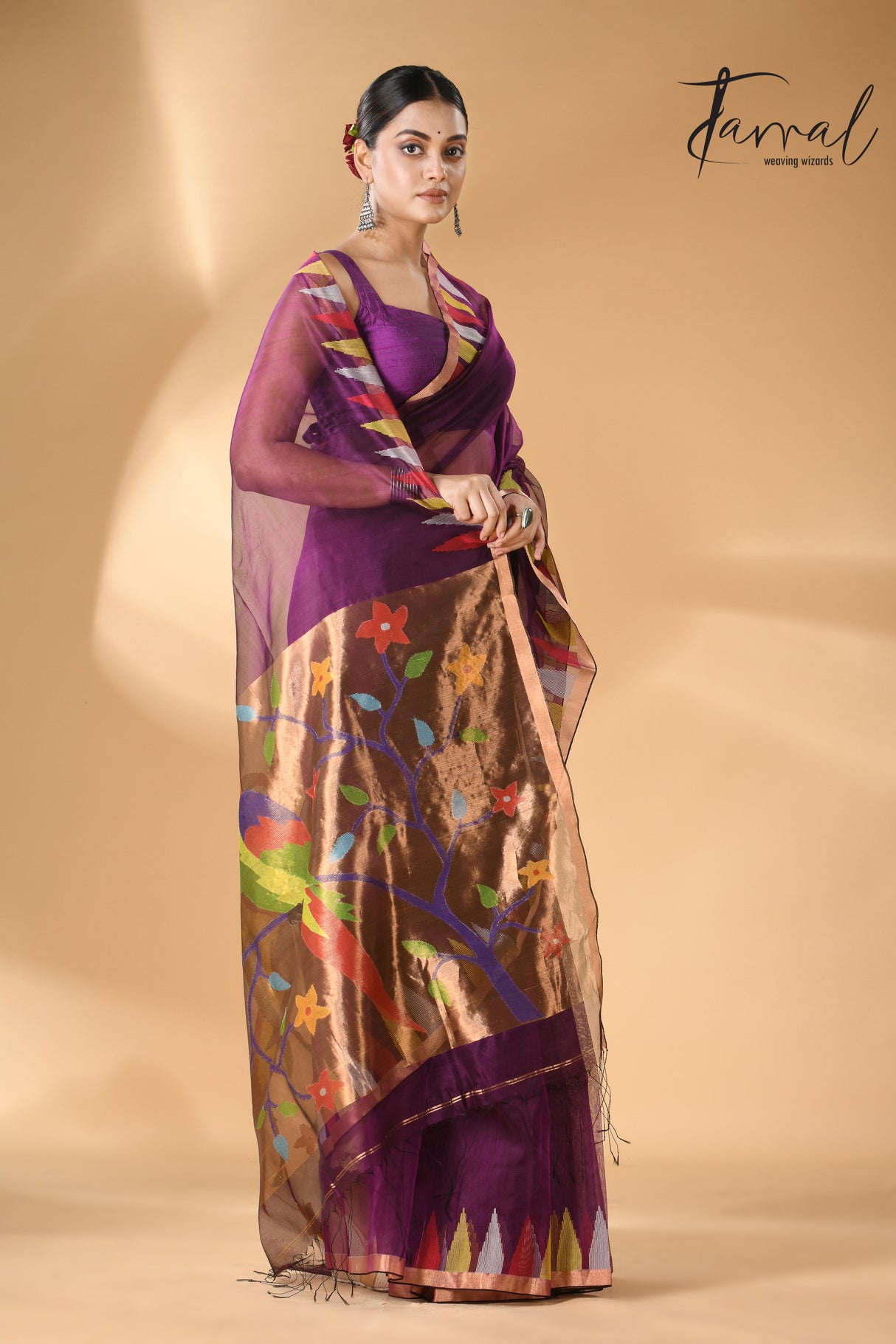 Purple Parrot paithani temple border pure muslin silk handwoven jamdani saree