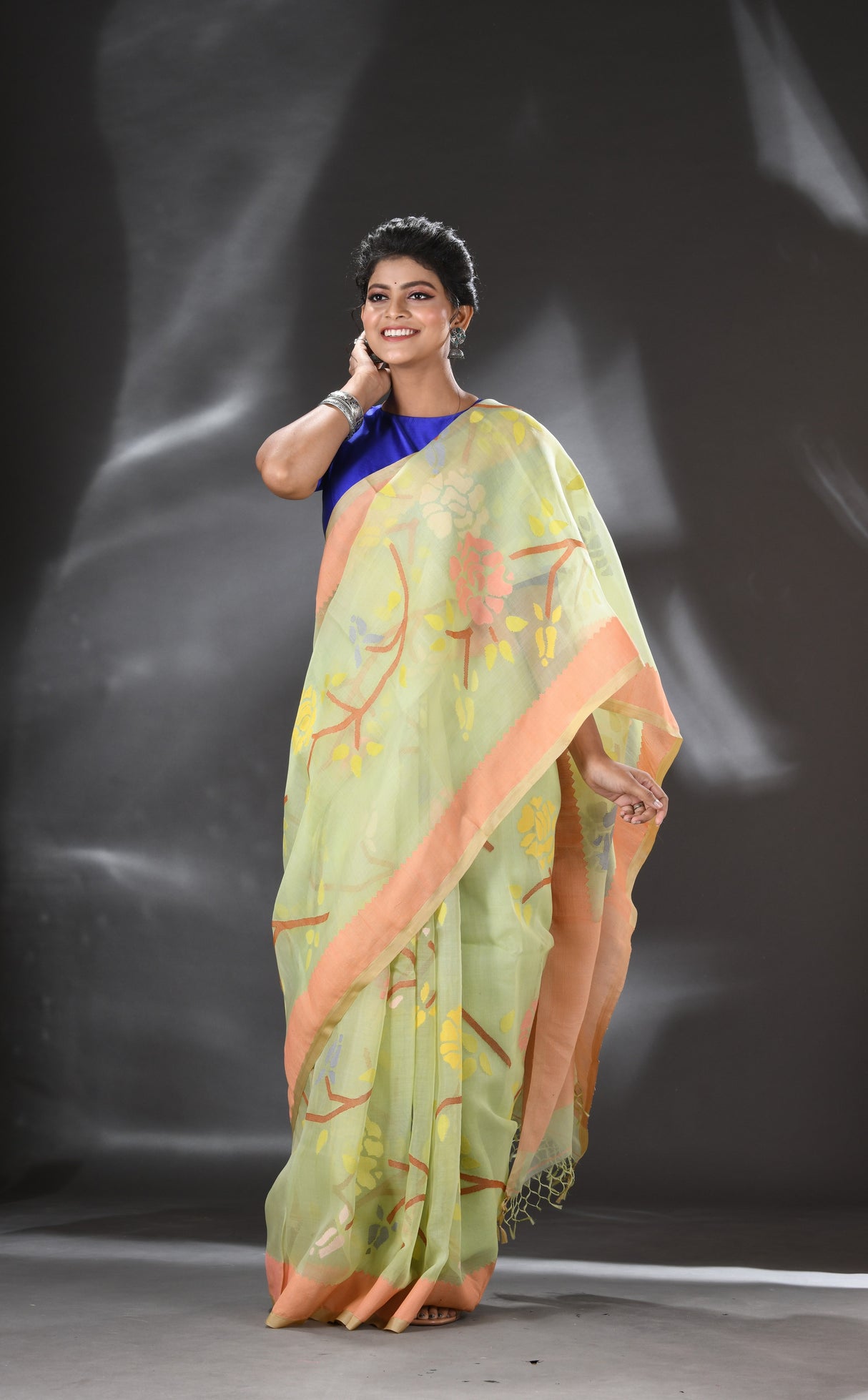 Apple green with multi color allover rose motifs handwoven muslin silk jamdani saree - Tamal Boutique