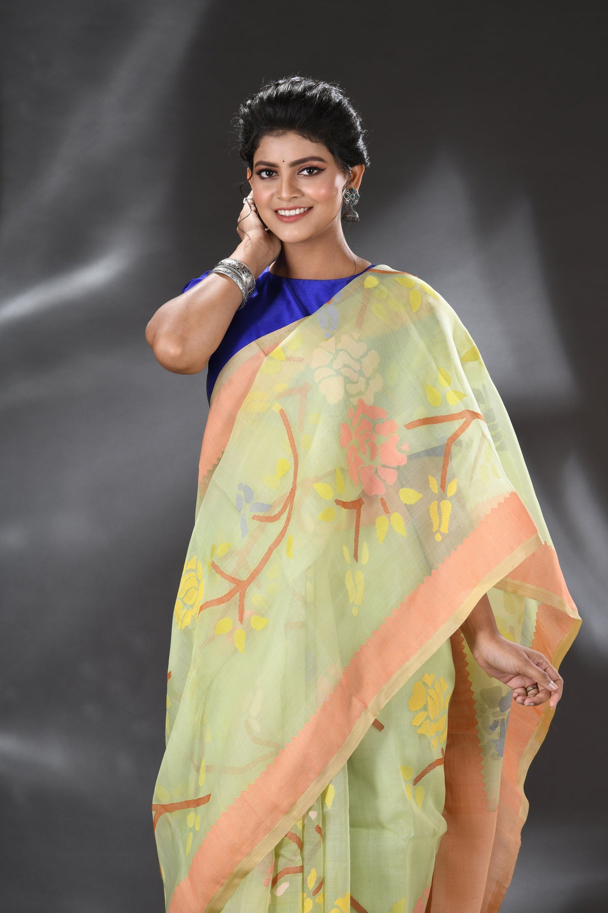 Apple green with multi color allover rose motifs handwoven muslin silk jamdani saree - Tamal Boutique