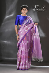 Lavender with purple border rose motifs allover muslin silk hand woven jamdani saree