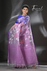 Lavender with purple border rose motifs allover muslin silk hand woven jamdani saree