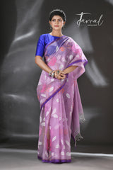 Lavender with purple border rose motifs allover muslin silk hand woven jamdani saree