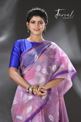 Lavender with purple border rose motifs allover muslin silk hand woven jamdani saree