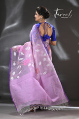 Lavender with purple border rose motifs allover muslin silk hand woven jamdani saree