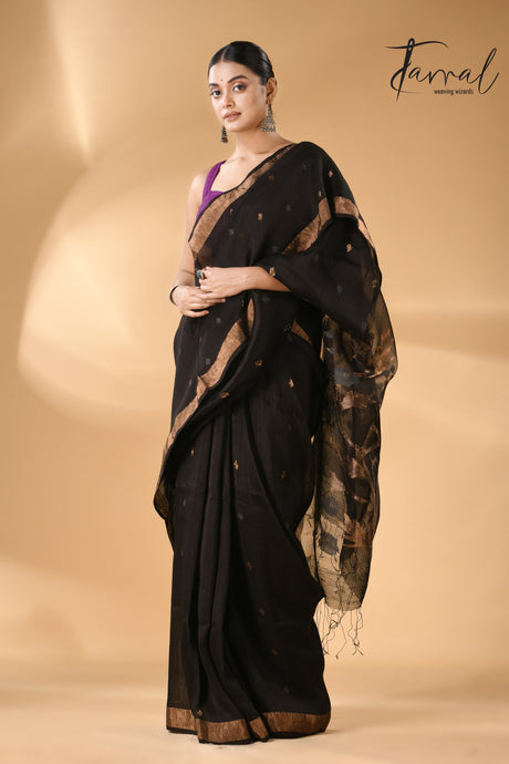 Black with zari border silk linen handwoven needle work Jamdani saree