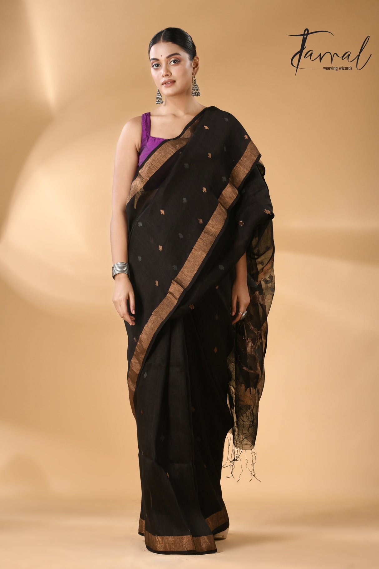 Black with zari border silk linen handwoven needle work Jamdani saree