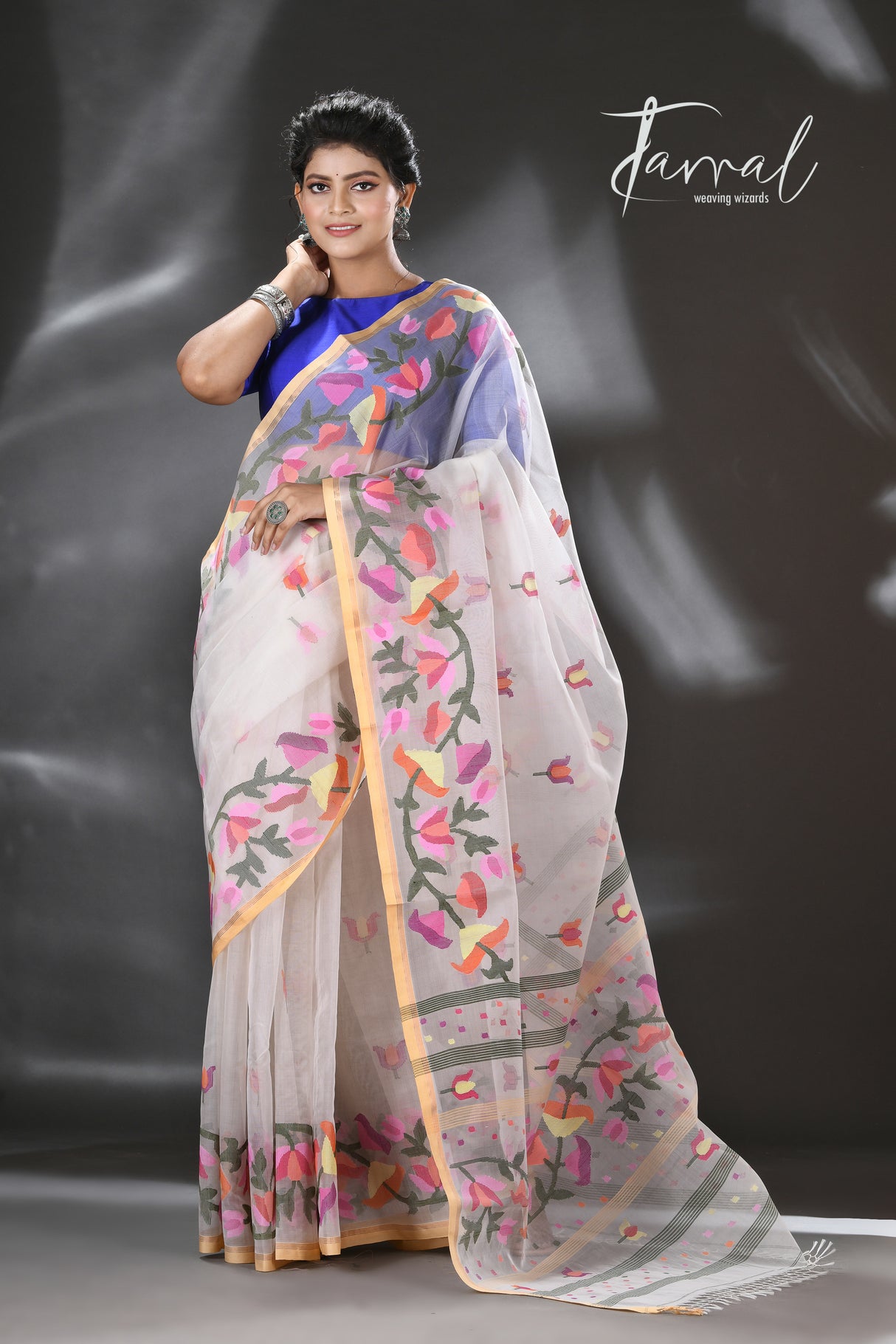 White with multicolour kalmilata floral handwoven muslin silk jamdani saree