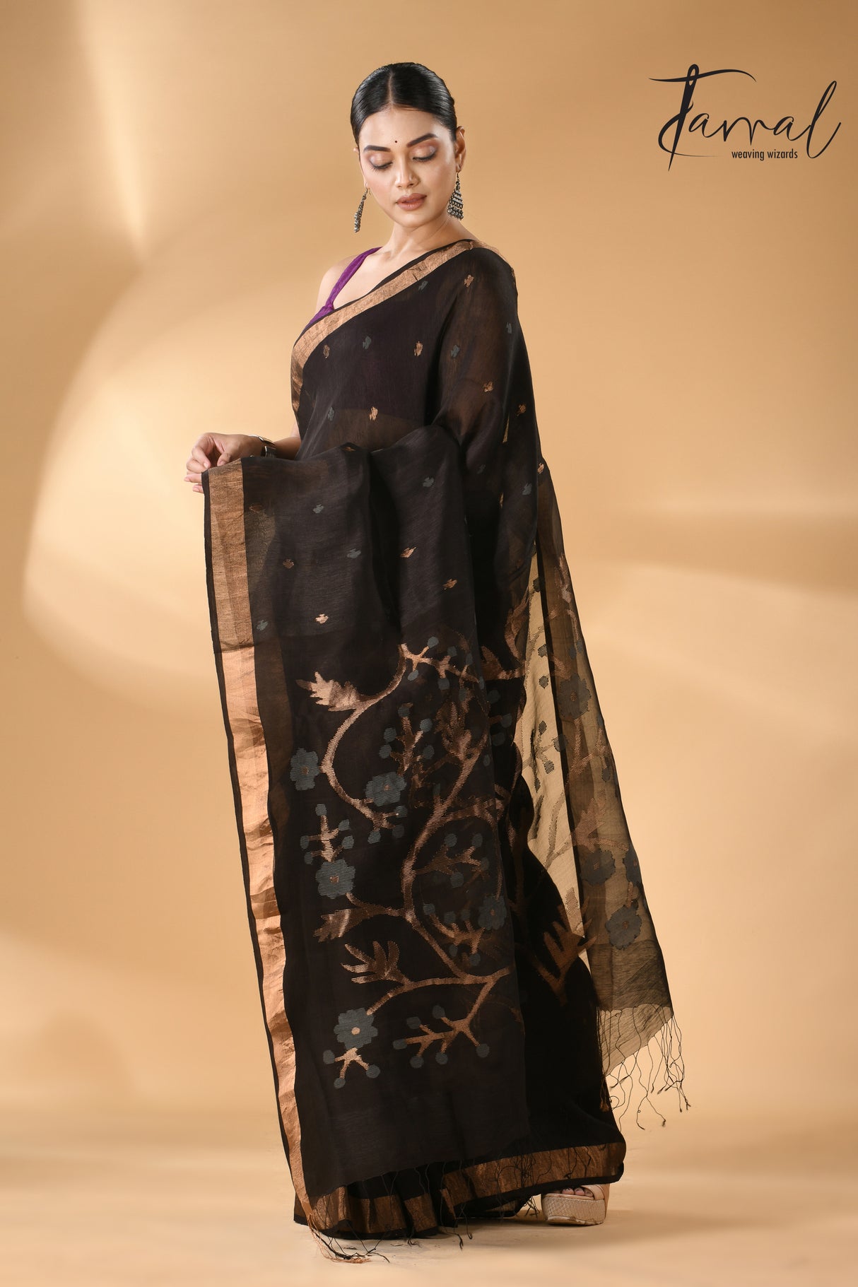 Black with zari border silk linen handwoven needle work Jamdani saree