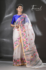 White with multicolour kalmilata floral handwoven muslin silk jamdani saree