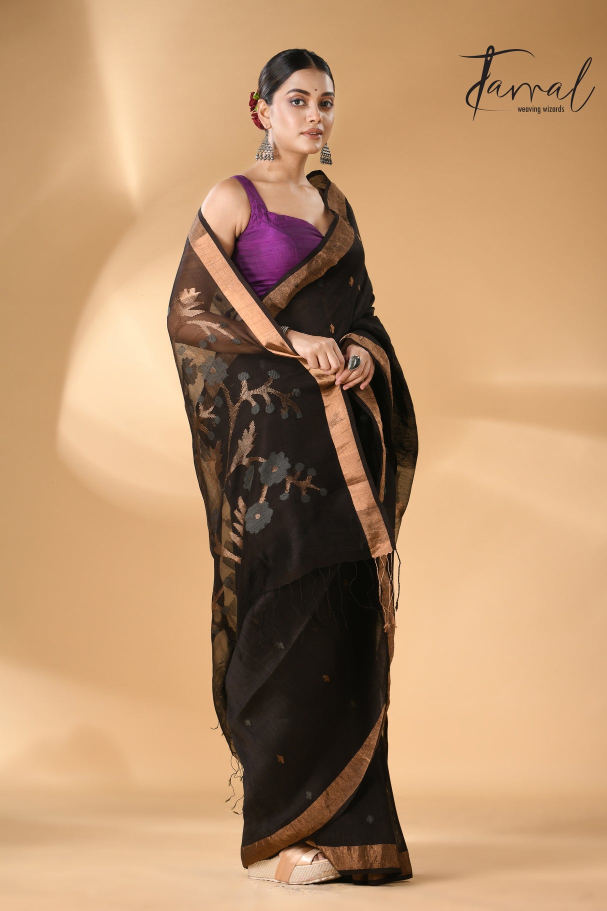 Black with zari border silk linen handwoven needle work Jamdani saree