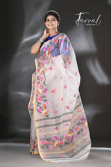 White with multicolour kalmilata floral handwoven muslin silk jamdani saree