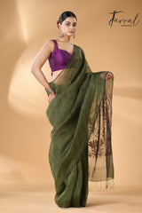 Bottle Green with black star pallu silk linen handwoven jamdani saree