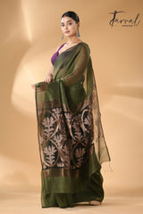 Bottle Green with black star pallu silk linen handwoven jamdani saree