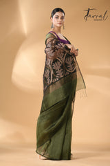 Bottle Green with black star pallu silk linen handwoven jamdani saree