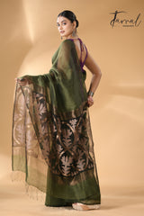 Bottle Green with black star pallu silk linen handwoven jamdani saree