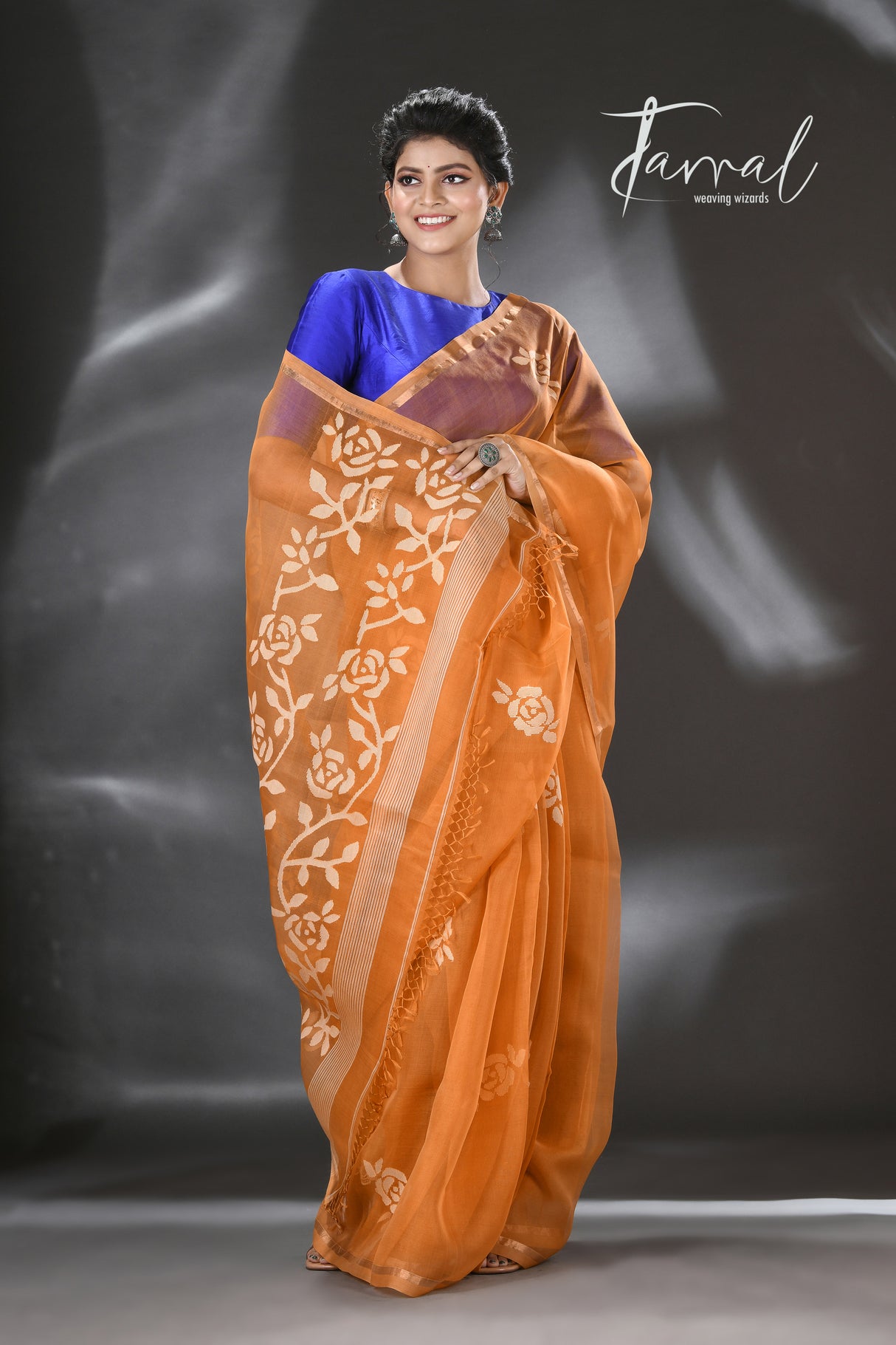 Golden Yellow rose motifs muslin silk handwoven jamdani saree