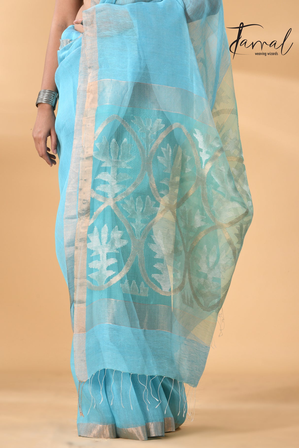 Sky blue with golden zari lotus pallu silk linen handwoven jamdani saree