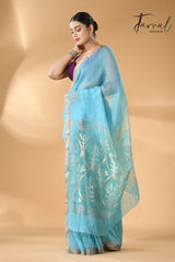 Sky blue with golden zari lotus pallu silk linen handwoven jamdani saree