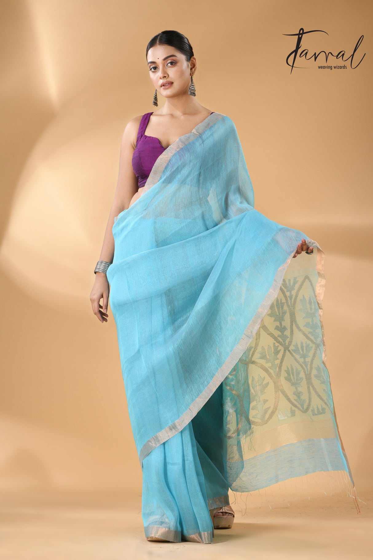 Sky blue with golden zari lotus pallu silk linen handwoven jamdani saree