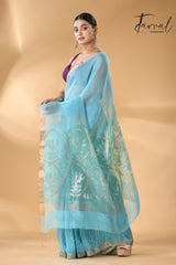 Sky blue with golden zari lotus pallu silk linen handwoven jamdani saree