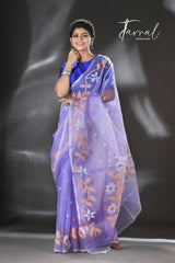 Light lavender colour Lata floral muslin silk handwoven jamdani saree - Tamal Boutique