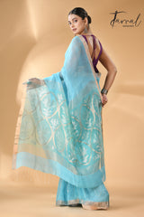 Sky blue with golden zari lotus pallu silk linen handwoven jamdani saree