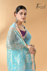 Sky blue with golden zari lotus pallu silk linen handwoven jamdani saree