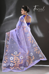 Light lavender colour Lata floral muslin silk handwoven jamdani saree - Tamal Boutique