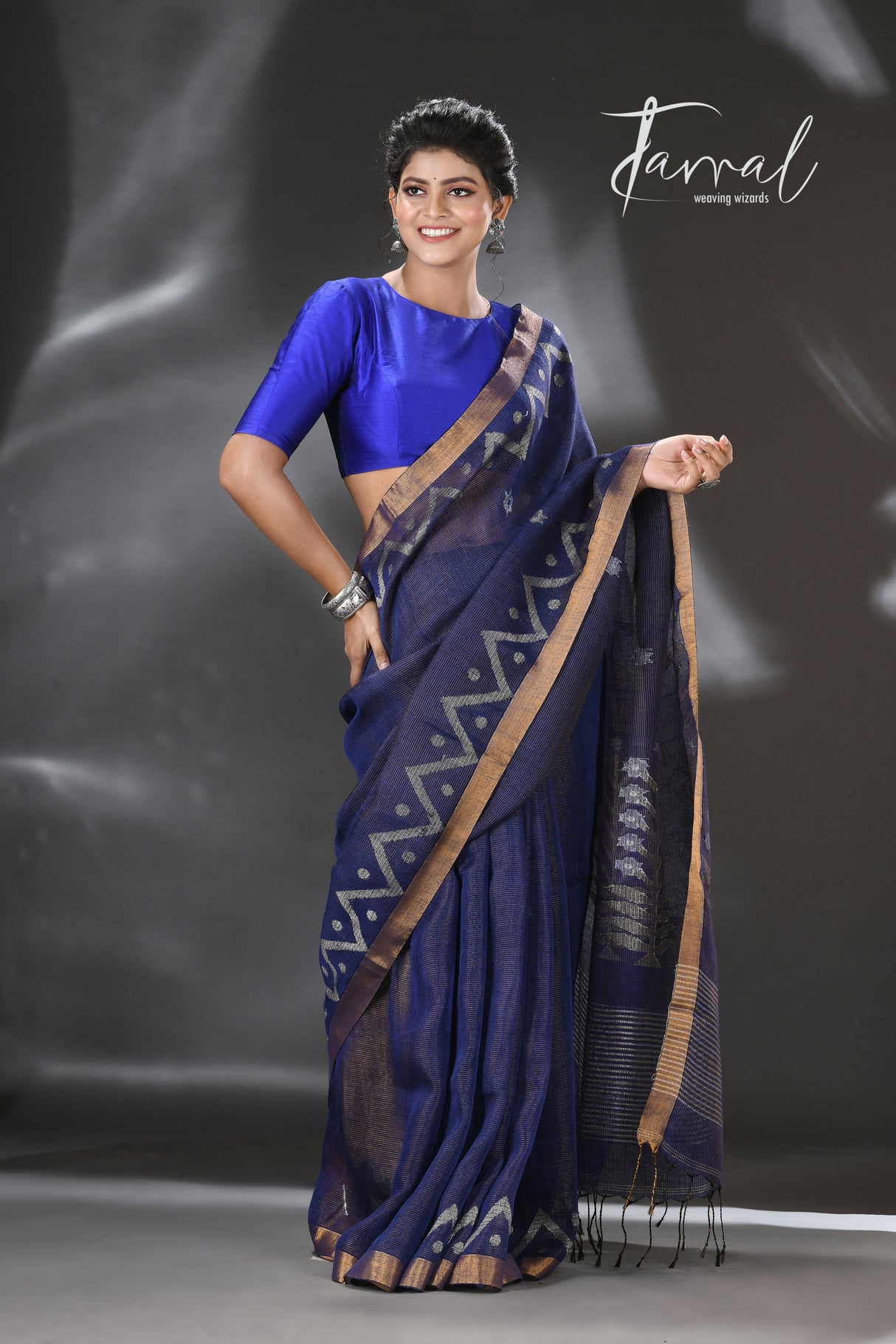 Indigo golden zari border tissue linen temple floral design handwoven jamdani saree - Tamal Boutique