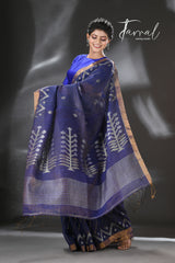 Indigo golden zari border tissue linen temple floral design handwoven jamdani saree - Tamal Boutique