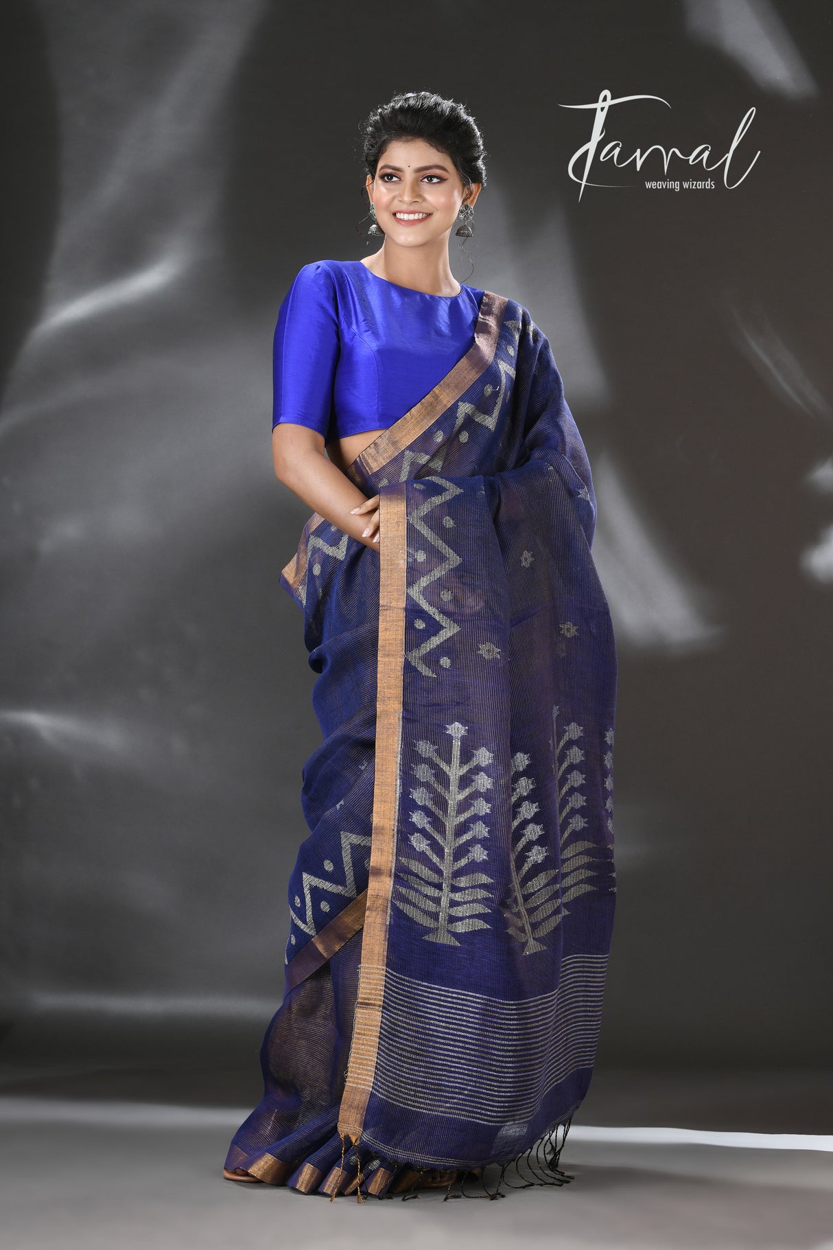 Indigo golden zari border tissue linen temple floral design handwoven jamdani saree - Tamal Boutique