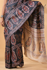 Charcoal black handcrafted Tussar batik silk with Kantha work saree